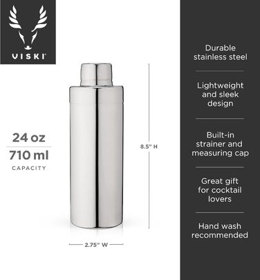 Шейкер для коктейлів Viski Rocket з фільтром: для холодного кофе, маргарити, еспресо. Нержавіюча сталь, аксесуари для дому, бар, барменські інструменти, подарунок. Срібний (Element Cocktail Shaker)