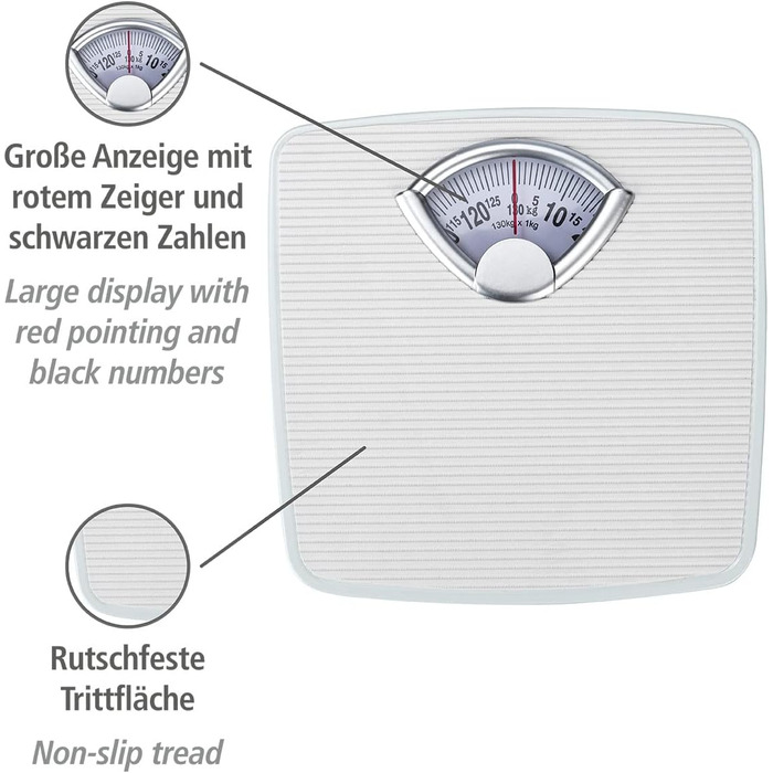 Персональні ваги WENKO механічні, точні, аналогові ваги для кузова з великою шкалою та нековзним протектором, діапазон вимірювання до 130 кг з кроком 1 кг, металевий корпус білого кольору, 27 x 4,5 x 26,5 см