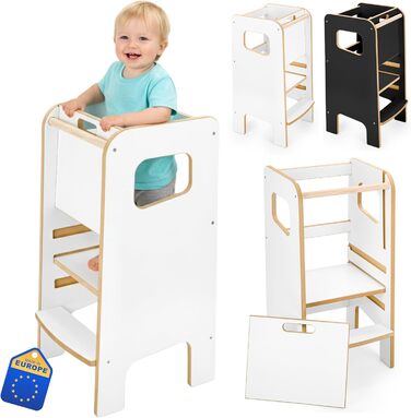 Дерев'яний навчальний столик-сходинка Montessori для дітей з бічною перегородкою – білий, безпечний та стійкий, регульована висота, з блокуванням, сучасний дизайн Model 4