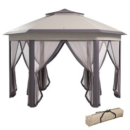 Альтанка Outsunny Garden Folding Gazebo 4x4 м Pop Up Tent Party Tent з сумкою для перенесення та 6 бічними панелями, подвійний навіс шестикутний у кавовому та бежевому кольорах