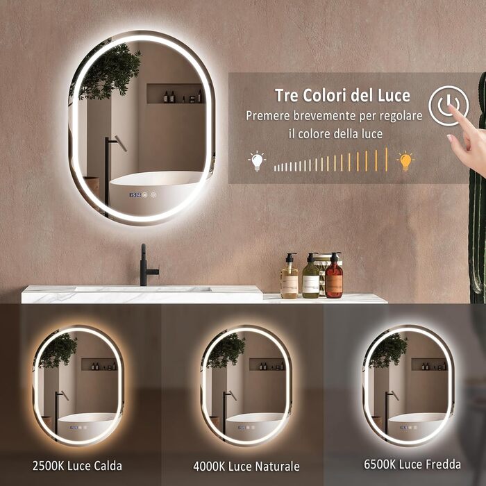 Дзеркало для ванної кімнати YU YUSING з підсвічуванням 80x60 см LED, 3 кольори світла, регулювання яскравості, антизапітніння, сенсорний вимикач, таймер, загартоване скло, IP44, овальне