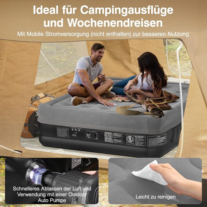 Надувне ліжко Lewondr на 2 особи з вбудованим насосом, 203x152x46 см, сірий колір, 250 кг, для кемпінгу, дому, гостей, подорожей