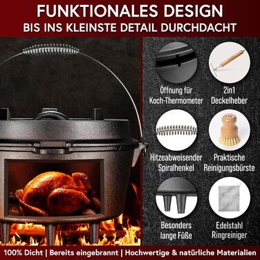 Набір голландської печі з емальованого чавуну 4,5 л (2-4 особи) – для 2-4 осіб, з ніжками, подвійна функція, кришка-підйомник 2в1, чистящий кільце, щітка та кулінарна книга – гарантія 30 років