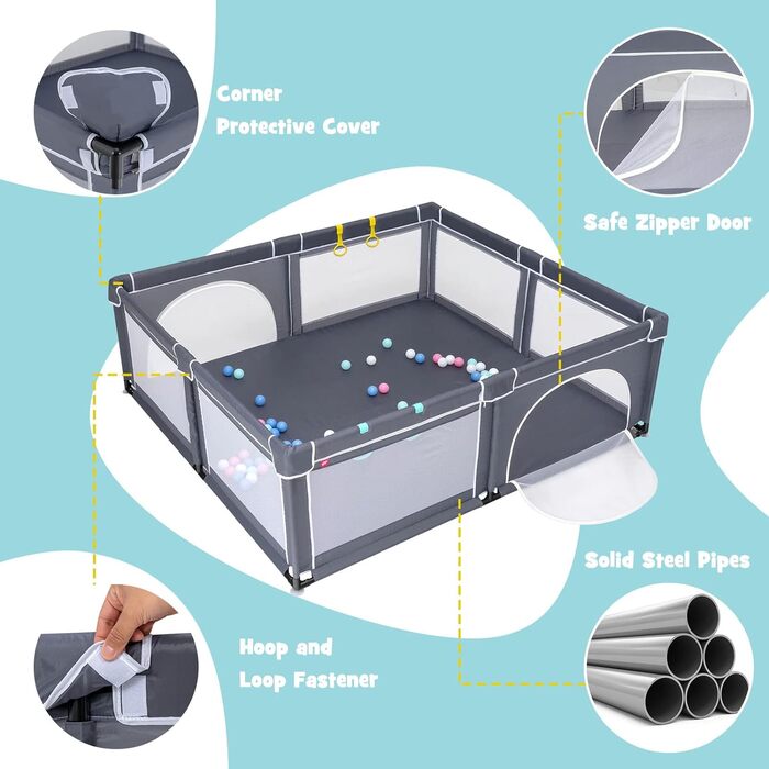 Дитячий манеж LIFEZEAL складний 206 x 185 см, манеж з 50 ігровими м'ячами та 4 ручками, дитячий центр активності Playpen, Оксфордський темно-сірий бар'єр