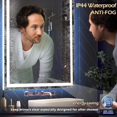 Дзеркало для ванної кімнати LED з підсвічуванням, комодне дзеркало для макіяжу, настінне, 6500K, антитуманне, IP44, 90 x 60 см