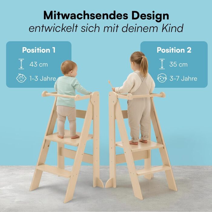 Bellabino Tay: Навчальний столик-лесенка для дітей від 1 року - Білий, регульований, Монтессорі, з захистом від перекидання, з натурального дерева, для безпечного самостійного навчання