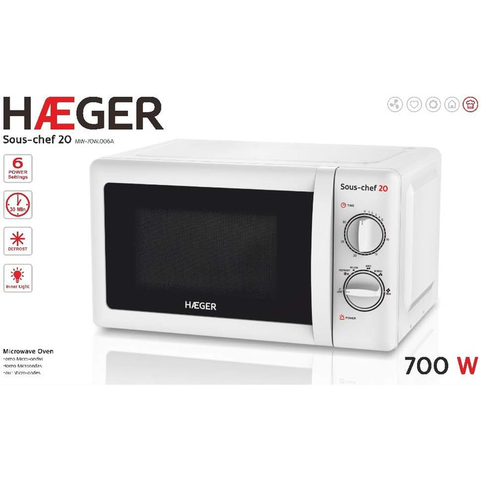 Мікрохвильова піч HAEGER SOUS-CHEF 20 700 Вт, об'єм 20 л, 6 рівнів потужності, функція розморожування, таймер на 30 хвилин, скляне обертове блюдо, 24,5 см