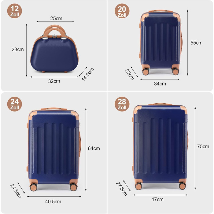 Набір валіз LALAHO 4 шт. з косметичками, з ABS-пластику, для подорожей, ручна поклажа, з захисними кутками (темно-синій, в смужку)