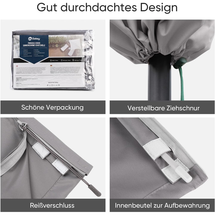 Чохол для садового парасоля Sekey: захисна накидка з кріпленням, водонепроникний, 190 x 30/50 см, світло-сірий