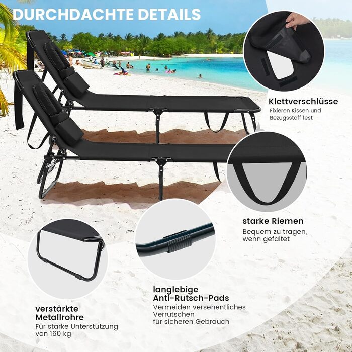 Лежак для відпочинку Costway з отвором для обличчя, розкладний, з 3 знімними подушками та регульованою спинкою, для саду та басейну (Чорний)