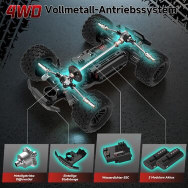 RC Автомобіль Monstertruck 1/14 4WD, 40 км/год, 2 батареї, 7 кольорів підсвічування, Водонепроникний, для дітей та дорослих, Чорний