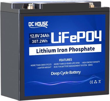 Літієві акумулятори DCHOUSE 12V 24Ah LiFePO4, 3000 циклів, BMS захист для автофургонів, гольф-карів, сонячних панелей