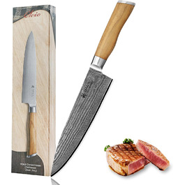 Ніж кухарський Wakoli з дамаської сталі (серцевина VG10) з 20 см лезом – гострий та збалансований – ніж з ручкою з оливкового дерева в подарунковій коробці – ніж кухонний з дамаської сталі для професіоналів та поціновувачів