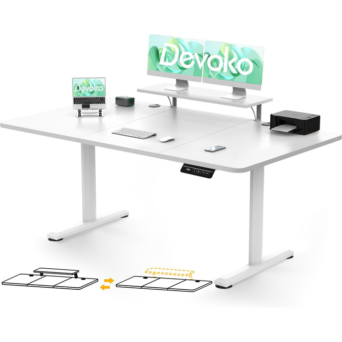 Електричний стіл Devoko з регулюванням висоти та підставкою для монітора, пам'ять 2 положення (білий, 180 x 80 см)