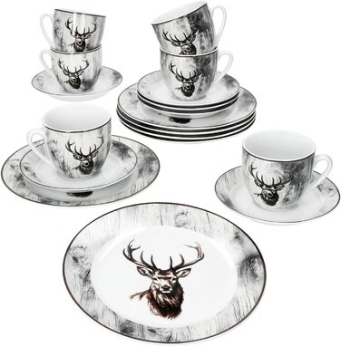 MamboCat Alois - кавовий сервіс на 6 осіб, 18 предметів, біле фарфорове посуд з декором оленів, 6 чашок 200 мл, 6 підставок та тарілки для сніданку та кави