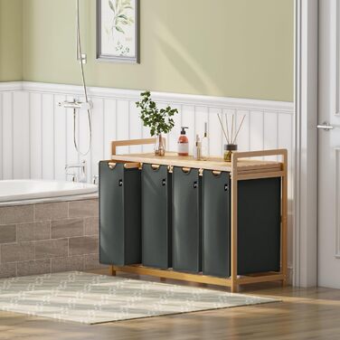 Кошик для білизни AdelDream Premium 200L з 4 відділеннями, висувний та знімний мішок для білизни з бамбуковим каркасом, сірий – кошик для білизни та органайзер для ванної кімнати та спальні