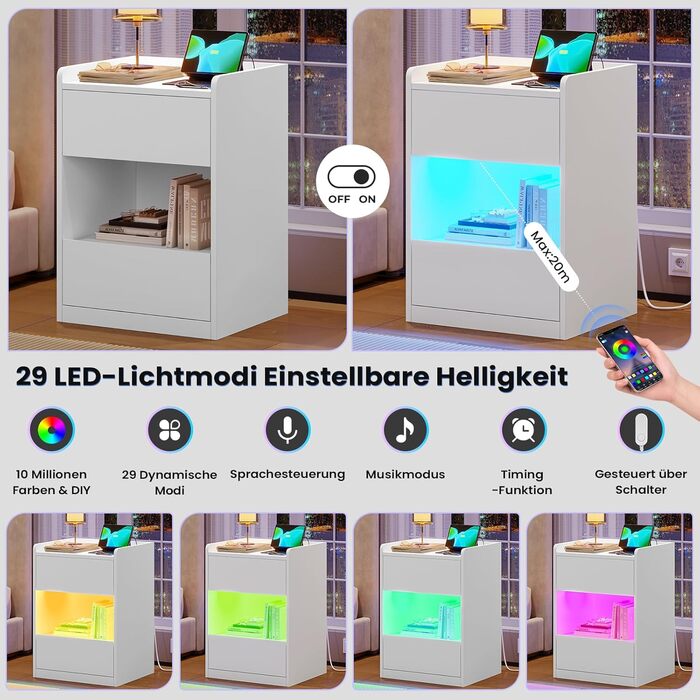 Нічний столик AOGLLATI з LED-підсвічуванням та зарядкою, 2 шухляди та полиця, білий (40x35x60 см)