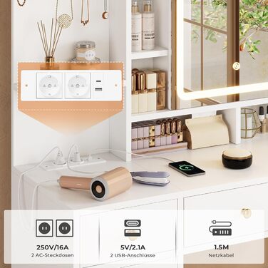 Трюмо AOGLLATI з розеткою, LED-підсвічуванням, регульованою яскравістю, шухлядами та полицями. Косметичний столик зі дзеркалом (білий)