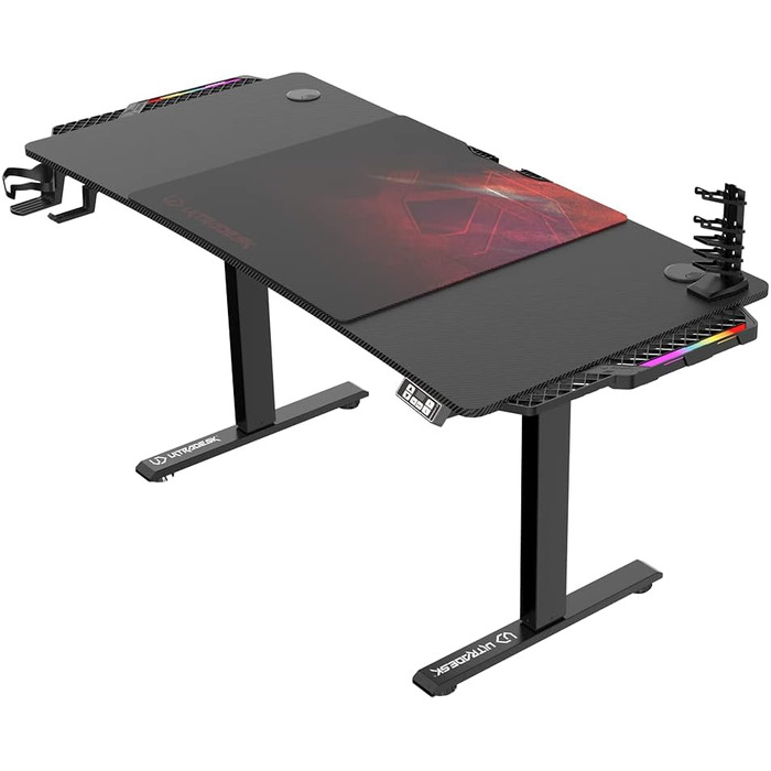 Ігровий стіл ULTRADESK Level V2 LED RGB з електричним регулюванням висоти Внутрішня пам'ять на 2 налаштування Подовжувач, килимок для миші розміру XXL Сталева рама, червона накладка, 140x68 см