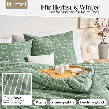 Бетліня Blumtal Biber 200x200 + 2x 80x80 см, бавовна, фланель, Oeko-TEX, преміум якість, зимова, двостороння, тауп (зелений малюнок)