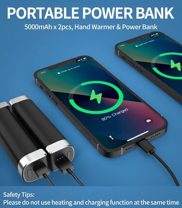 Електричні грілки для рук 5000mAh (2 шт.) - багаторазові, для активного відпочинку, зимовий подарунок для дітей, жінок та чоловіків (чорний)