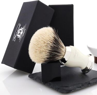 Щітка для гоління Haryali London Badger Hair Real Silvertip Badger Hair - Щітка для гоління для вологого гоління - Чорна ручка з дорогоцінної смоли та металеві акценти для безпечного гоління бритвою Набір щіток для гоління Ivory