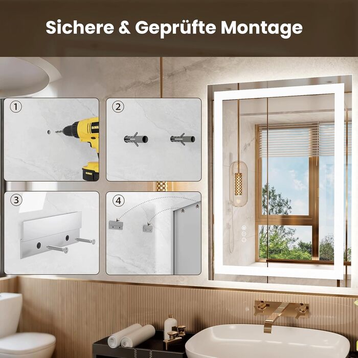 LED дзеркало для ванної кімнати 60x80 см з підсвічуванням, сенсорне, регульоване, 3 кольори світла, антизапар, IP44, вертикальна/горизонтальна установка