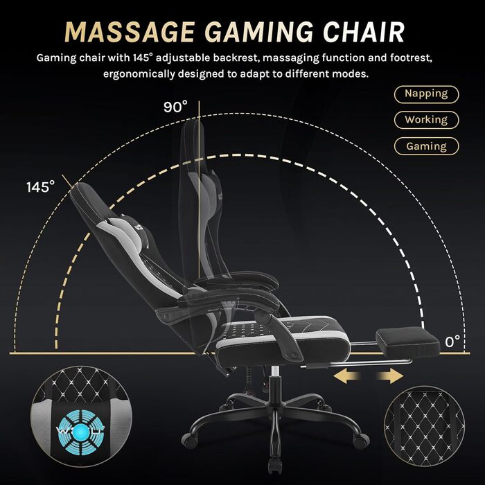 Ігровий крісло WOLTU з масажем, комп'ютерне ергономічне крісло, кишенькові пружинні подушки, поперекова масаж, підголовник, підніжка, поворотне крісло, 150 кг, Рожевий+Білий (Чорний+сірий, сітчаста тканина)