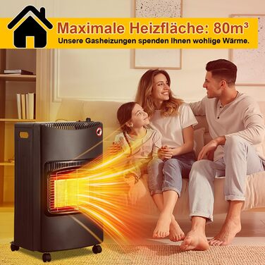 Газовий опалювальний камін з 3-ма рівнями регулювання потужності 1400-4200 Вт, об'єм нагріву до 80 м³, сумісний з балонами бутан/пропан до 10 кг, з газовим редуктором та шлангом