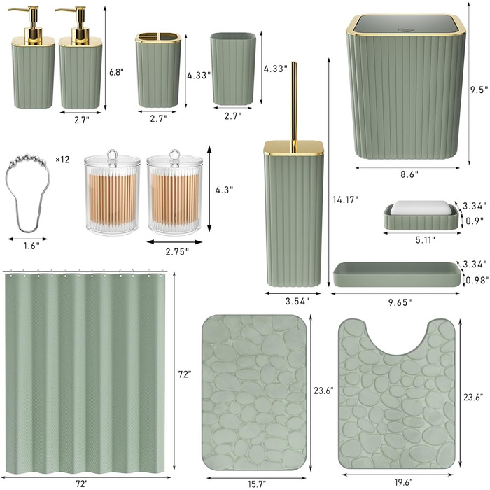 Набір аксесуарів для ванної кімнати, 25 предметів, салатовий, з душовою завісою та килимками