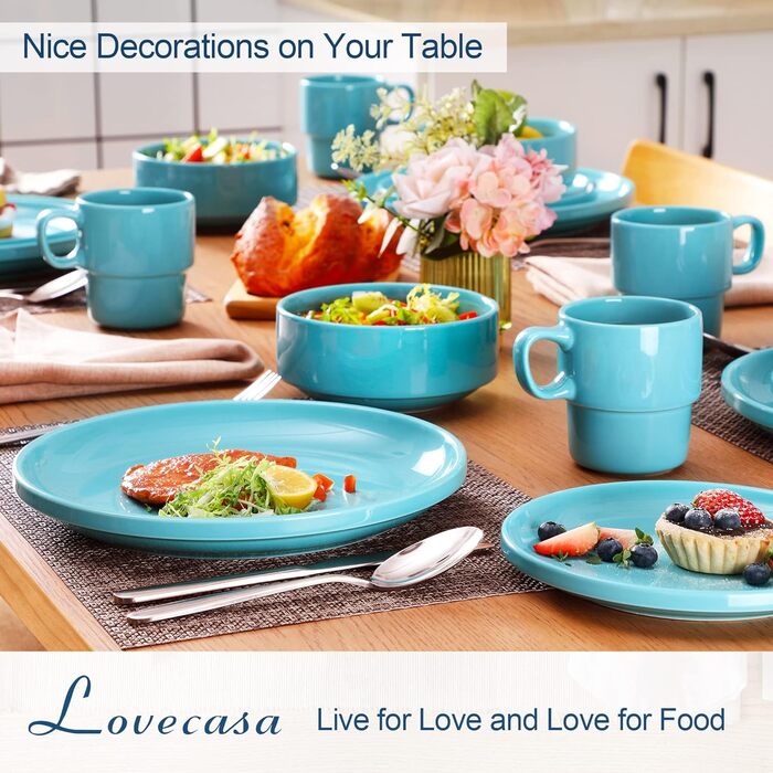 Порцеляновий столовий сервіз LOVECASA, комбінований сервіз із 16 предметів, набір столового посуду на 4 особи Обідні тарілки, чашки, десертні тарілки та миски (світло-блакитний, набір посуду з 32 предметів)