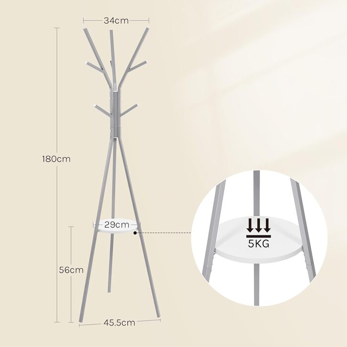 Вільна стійка для одягу WOLTU у вигляді дерева, металева, з полицею та 9 гачками, для одягу, шапок та сумок, біла