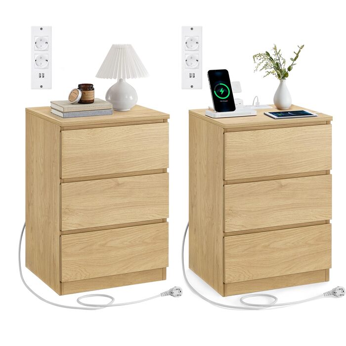 Приліжкова тумбочка VASAGLE Kailyn з розетками та USB-портами, 3 шухляди, сучасний дизайн, сіро-коричневий колір, LET831G01