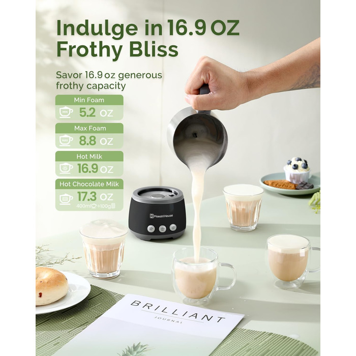 Електричний спінювач молока Maestri House 500 мл 4-в-1 з керуванням Smart Touch, функція пам'яті, для лате, гарячого шоколаду та теплого молока, чорно-сірий