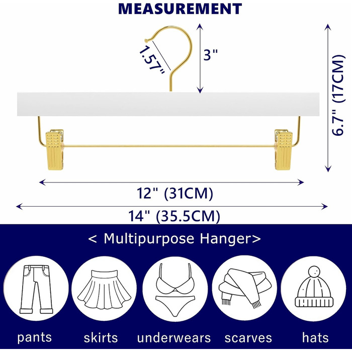 Дерев'яні вішалки для штанів та джинсів Amber Home з золотими кліпсами (24 шт., білий та золотий)