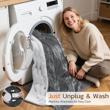 Електрична ковдра PRANITE 180x130 см з Sherpa та Flanell, 6 режимів нагріву, таймер 10 годин, автовимкнення, захист від перегріву, пральна - сіра для ліжка та дивана 130 x 180 см