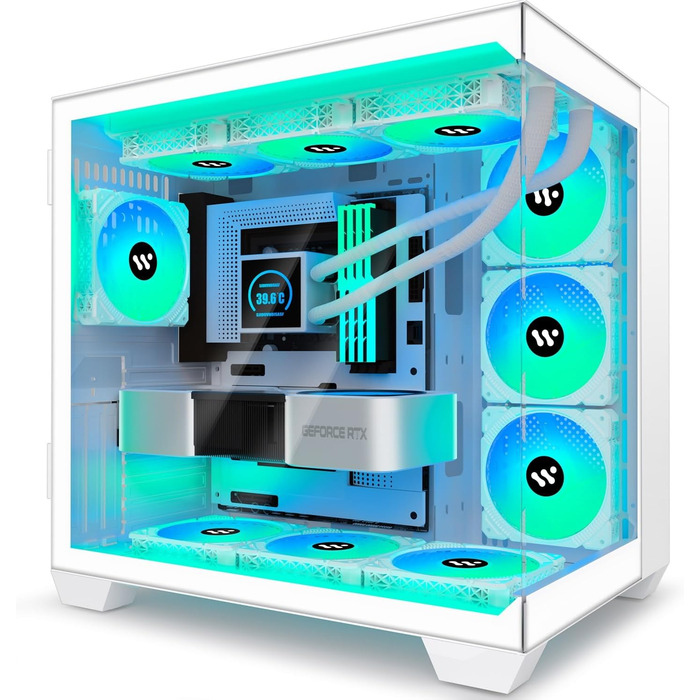 Ігровий корпус KEDIERS H9 ATX Mid Tower з 9 ARGB вентиляторами, подвійне загартоване скло, білий, для комп'ютера