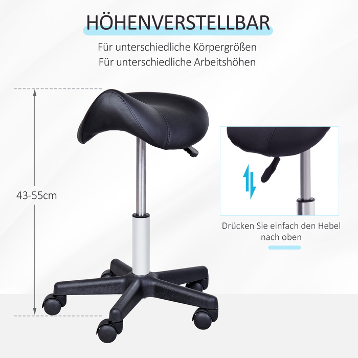 HOMCOM Swivel Stool Регульований по висоті поворотний табурет з коліщатками, поворотне салонне крісло зі штучної шкіри чорного кольору, ідеально підходить для перукарень та офісів