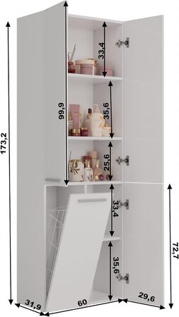 Верхня шафа для ванної кімнати, окремо стояча, вузька, кошик для білизни, 30x60x174 см, біла глянцева