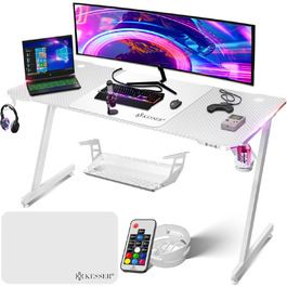 Ігровий стіл KESSER® LED 160x60 см | З-подібний стіл для геймерів | Тримач для навушників & вуглецеве покриття | Ергономічний стіл для ПК | Стабільний стіл з підстаканником, білий