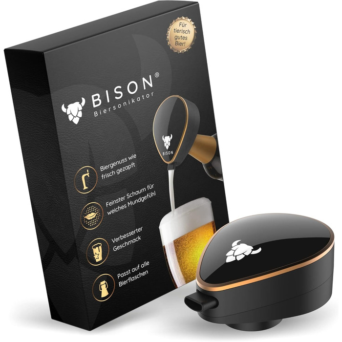 BISON Biersonikator: Ультразвуковий насадка для пляшок з пивом - як з крана. Подарунок для чоловіків, чорний/золотий
