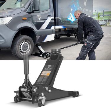 Гідравлічний домкрат Stahlwerk 3т низькопрофільний 73-500мм з гумовими колесами та поворотним руків'ям