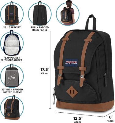 Великий рюкзак JanSport CORTLANDT, відділення для ноутбука 15 футів, чорний, один розмір