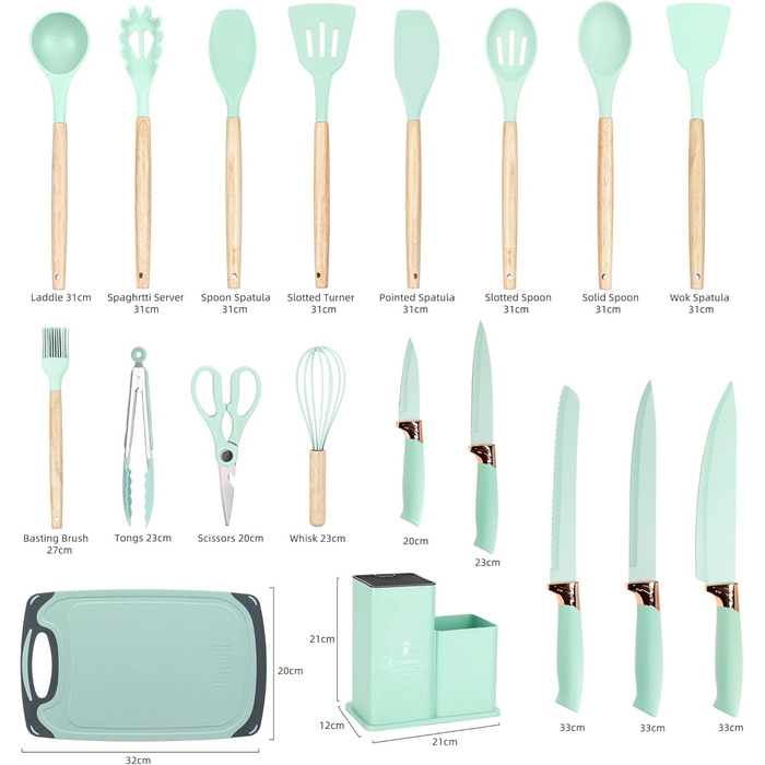 Набір кухонних ножів EliteHoff 19 предметів: 5 ножів, 12 аксесуарів, дошка та підставка – з дерев'яними ручками, безпечний, можна мити в посудомийній машині, чорний (E-6074)