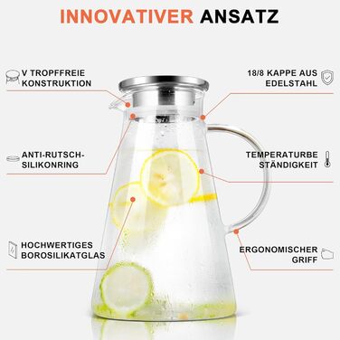 Скляна карафа SUSTEAS 2.0L з кришкою для води, чаю, кави, соку та вина
