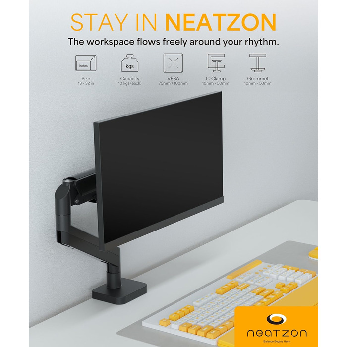 Кріплення для двох моніторів Neatzon, 13–32 дюйми, до 10 кг на кріплення, регулювання висоти, VESA 75x75 / 100x100, менеджмент кабелів, NZ-ARM-04