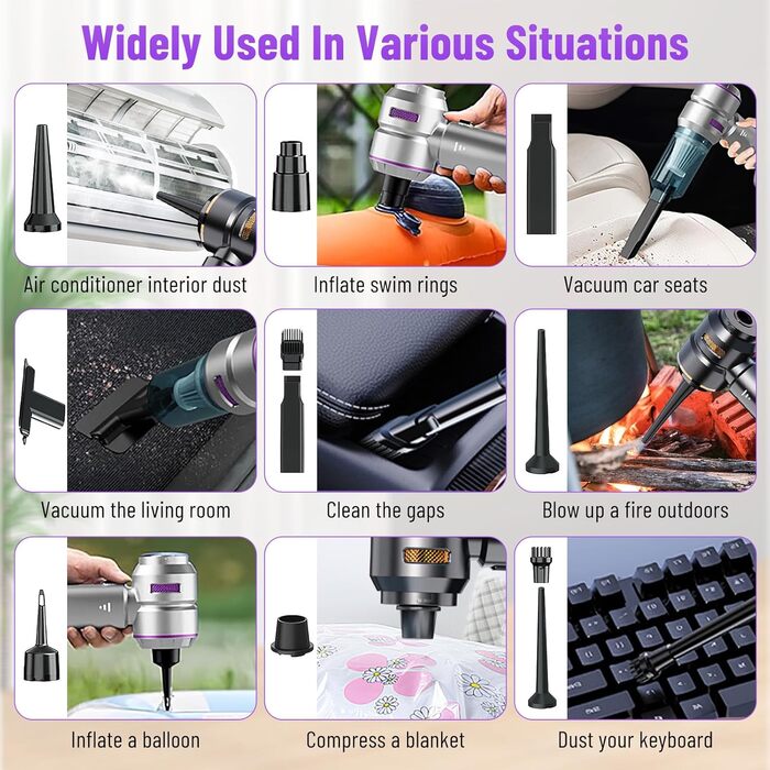 Акумуляторний ручний пилосос 4 в 1 для авто та дому, безщітковий двигун 22000Па, потужність 6000 мАг, портативний електричний пилосос-подув з набором щіток (Сріблясто-фіолетовий)