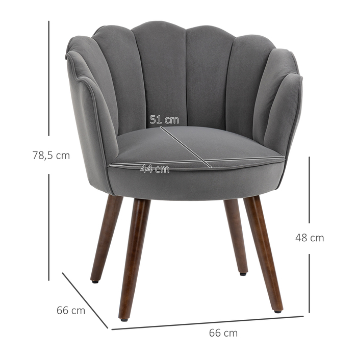 Крісло для вітальні в стилі мушлі, розслаблююче крісло на дерев'яних ніжках, м'яке крісло для читання з оксамитовою текстурою, крісло для спальні темно-сірого кольору.