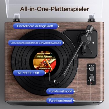 Універсальний вініловий програвач All in One з Bluetooth, вбудованими 4 стерео-динаміками, фонокоректором, Hi-Fi програвач для вінілових платівок з магнітною головкою AT-3600L (MM)