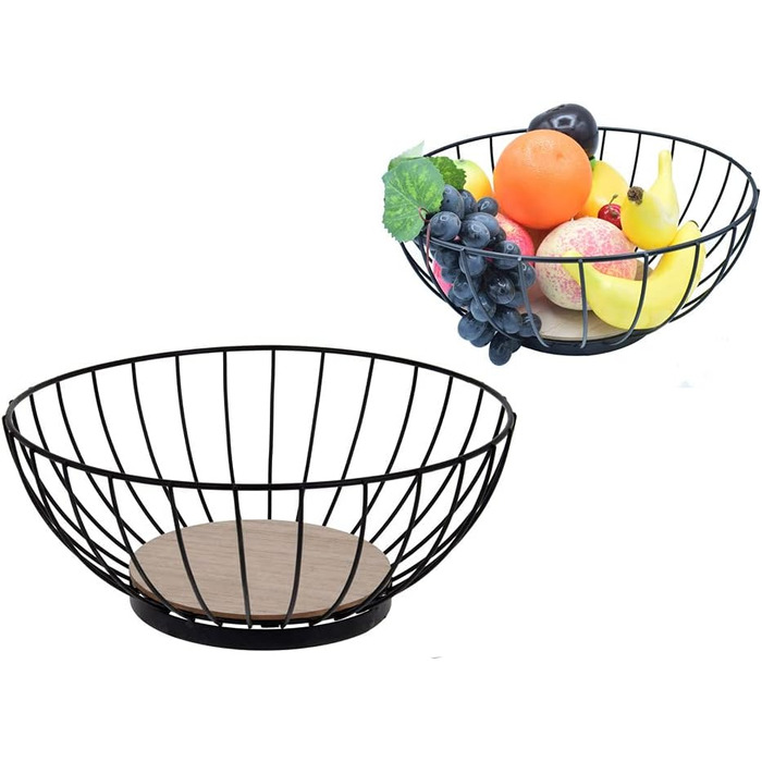 Металевий кошик чорний, дерев'яна основа, для зберігання фруктів, овочів, булочок, 24